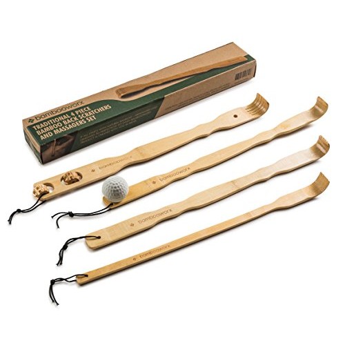 BambooWorx 4 Piece Traditional Back Scratcher and Body Relaxation Massager Se...