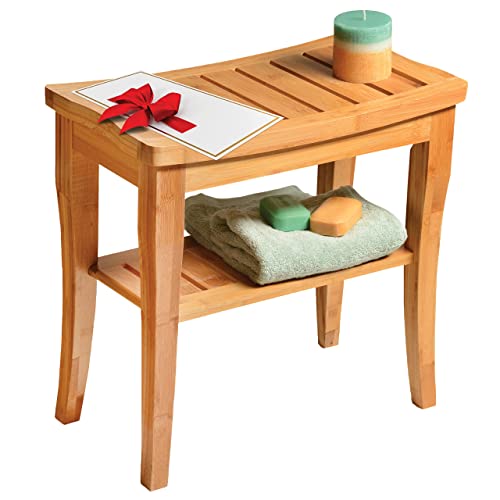 Bamboo Shower Bench Spa Stool - Wood 2-Tier Seat, Foot Rest Shaving Stool wit...