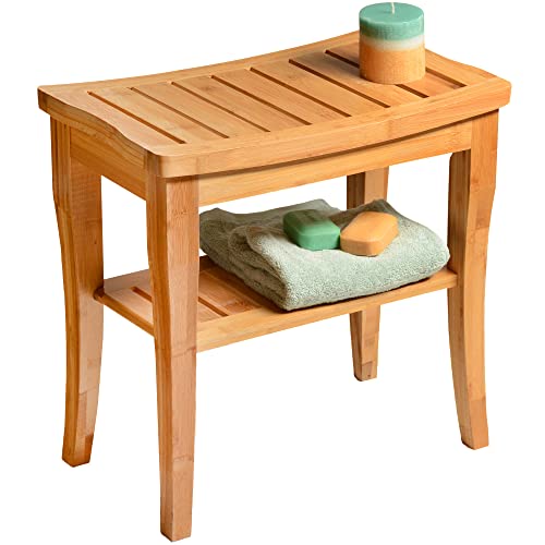 Bamboo Shower Bench Spa Stool - Wood 2-Tier Seat, Foot Rest Shaving Stool wit...