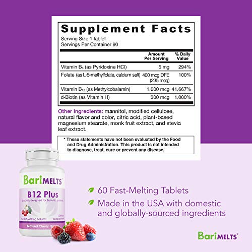 BariMelts B12 Plus, Dissolvable Bariatric Vitamins, Natural Cherry Flavor, 90...