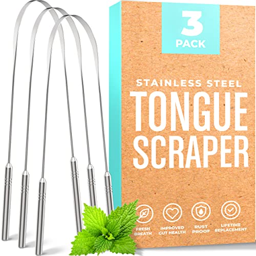 Tongue Scraper (3 Pack), Reduce Bad Breath (Medical Grade), Stainless Steel T...