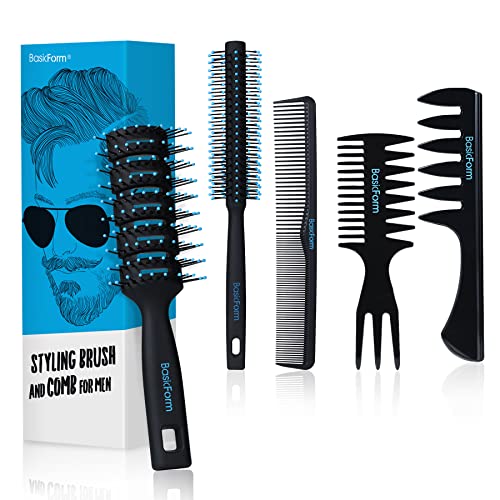 BasicForm Styling Hair Brush and Comb Set for Men, Vent Brush Round Hair Roll...