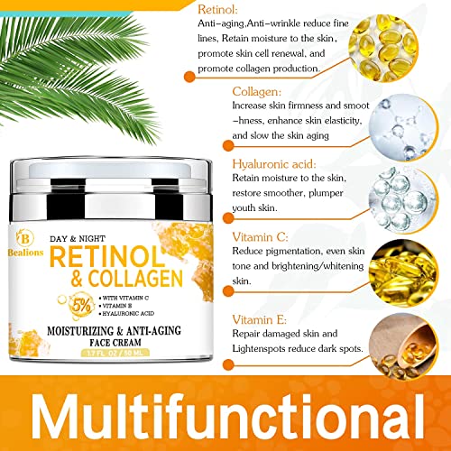 Retinol Collagen Cream with Hyaluronic Acid for Face Moisturizing and Anti Ag...