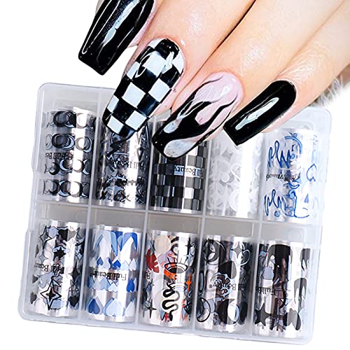 BEAULA 10 Rolls Nail Foils Arts Chessboard Smiley Faces Flame Moon Star Abstr...