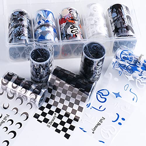 BEAULA 10 Rolls Nail Foils Arts Chessboard Smiley Faces Flame Moon Star Abstr...