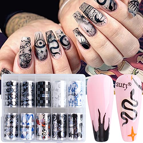 BEAULA 10 Rolls Nail Foils Arts Chessboard Smiley Faces Flame Moon Star Abstr...