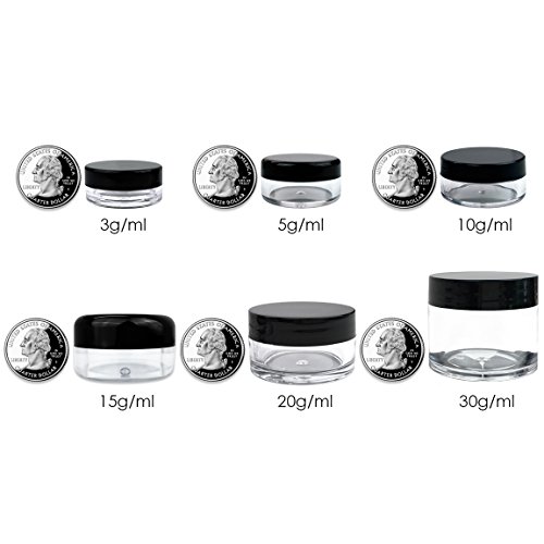 (100 Pieces Jars + Lid) Beauticom 3G/3ML Round Clear Jars with BLACK Screw Ca...