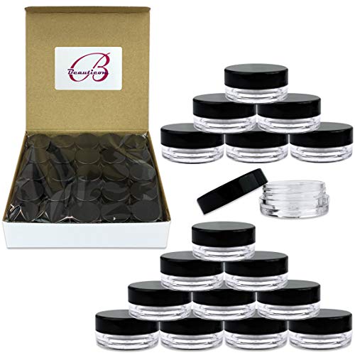 (100 Pieces Jars + Lid) Beauticom 3G/3ML Round Clear Jars with BLACK Screw Ca...