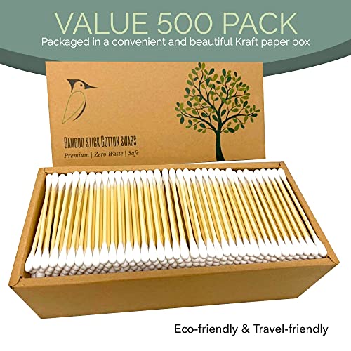 Beautiful Mind Natural Bamboo Cotton Swabs – Pack of 500 Two Tip Buds – Doubl...