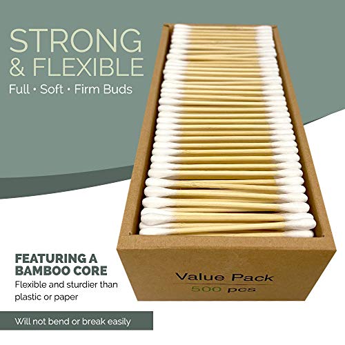 Beautiful Mind Natural Bamboo Cotton Swabs – Pack of 500 Two Tip Buds – Doubl...