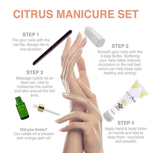 Beautyfrizz Citrus Nail Buffer Set - Nail Kit with 3-Sided Buffer, Cuticle Oi...