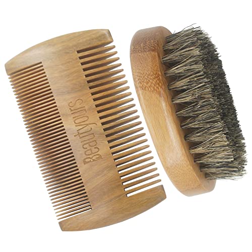 Beautyours Natural Green Sandalwood Beard Comb & Bristle Beard Brush Set Pock...