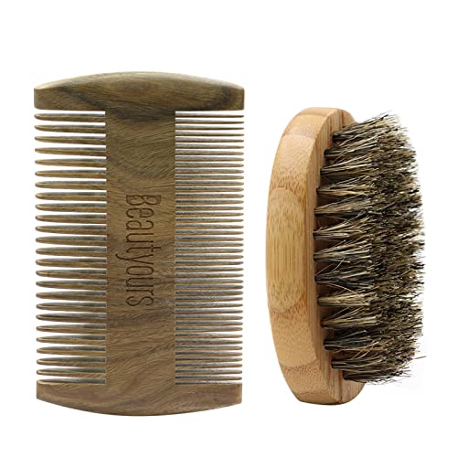 Beautyours Natural Green Sandalwood Beard Comb & Bristle Beard Brush Set Pock...
