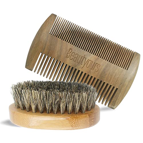 Beautyours Natural Green Sandalwood Beard Comb & Bristle Beard Brush Set Pock...
