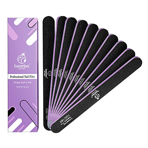 Beetles 10 PCS Professional Nail File Set, Double Sided Emery Board 100/180 G...