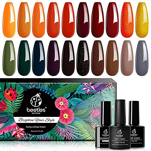 Beetles 20 Pcs Gel Nail Polish Kit-Cozy Campfire Fall Winter Orange Yellow Gr...