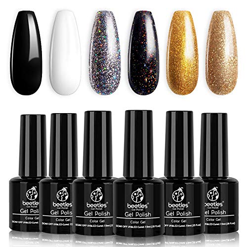 Beetles Black Gold Glitter Gel Nail Polish Set - 6 Colors White Silver Rose G...