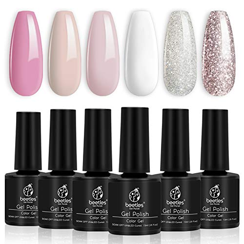 Beetles French White Gel Nail Polish Kit - 6 Pack Nude Pink Glitter Gel Polis...