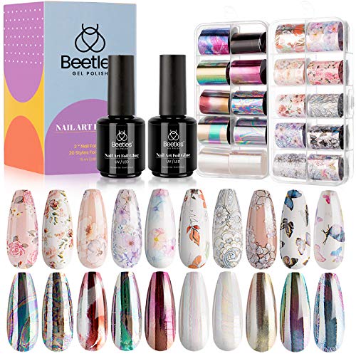 Beetles Nail Foil Glue Gel 2 Bottles 15ML with 20PCS Flower Butterfly and Met...