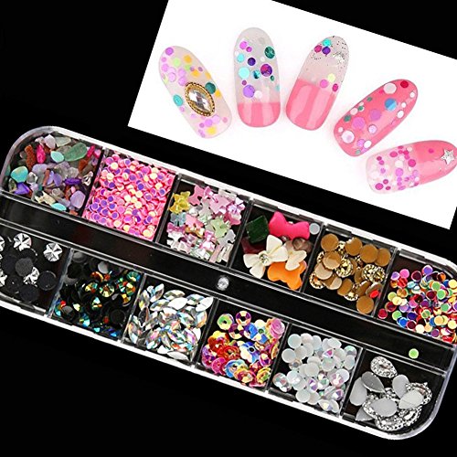 BEINNY 4 Boxes 12 Grids Nail Art Rhinestones + 1 PC Dotting Pen + 1 PC Straig...