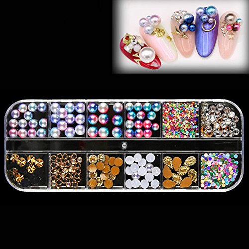BEINNY 4 Boxes 12 Grids Nail Art Rhinestones + 1 PC Dotting Pen + 1 PC Straig...