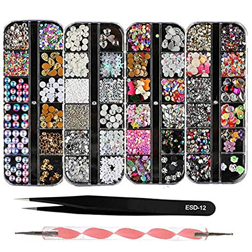 BEINNY 4 Boxes 12 Grids Nail Art Rhinestones + 1 PC Dotting Pen + 1 PC Straig...
