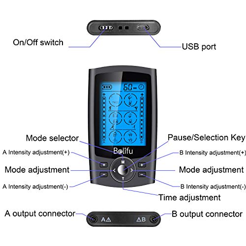 Belifu Dual Channel TENS EMS Unit 16 Modes Muscle Stimulator for Pain Relief ...