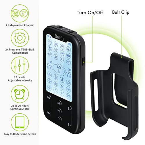 Belifu Independent Dual Channel TENS EMS Unit with 24 Modes, Rechargeable Mus...