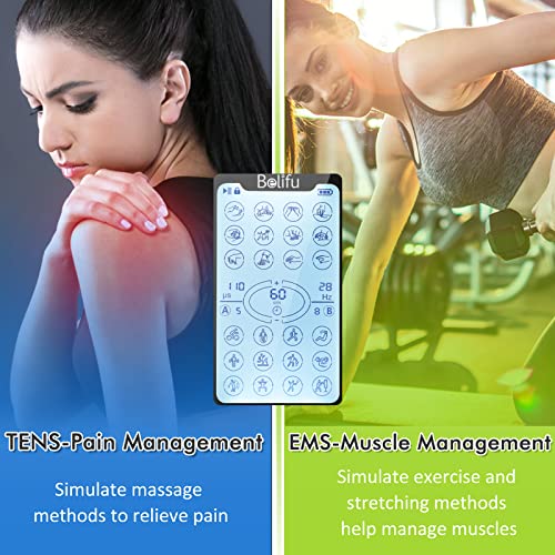 Belifu Independent Dual Channel TENS EMS Unit with 24 Modes, Rechargeable Mus...