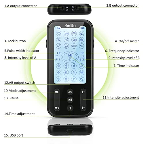 Belifu Independent Dual Channel TENS EMS Unit with 24 Modes, Rechargeable Mus...