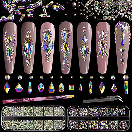 Multi Shapes 3D Glass AB Crystal Nail Art Rhinestones Kit with Flatback Round...