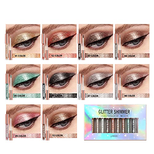 10 Colors Liquid Glitter Eyeshadow Set, Metallic Glitter Shimmer Smokey Eye L...