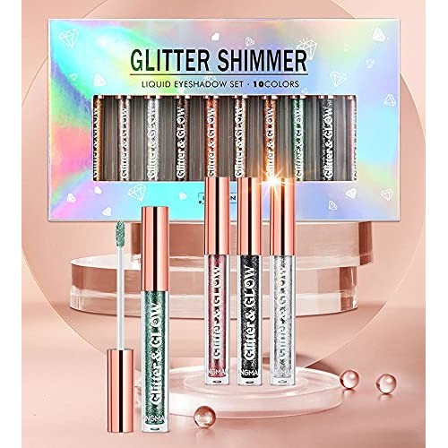 10 Colors Liquid Glitter Eyeshadow Set, Metallic Glitter Shimmer Smokey Eye L...