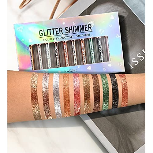 10 Colors Liquid Glitter Eyeshadow Set, Metallic Glitter Shimmer Smokey Eye L...