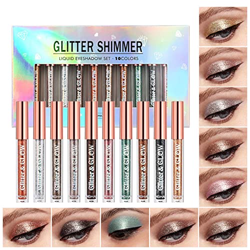 10 Colors Liquid Glitter Eyeshadow Set, Metallic Glitter Shimmer Smokey Eye L...