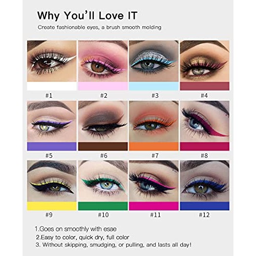 12 Colors Matte Liquid Eyeliner Set Rainbow Colorful Neon Eyeliner Pencil Pig...
