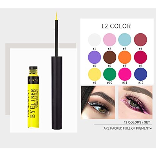12 Colors Matte Liquid Eyeliner Set Rainbow Colorful Neon Eyeliner Pencil Pig...