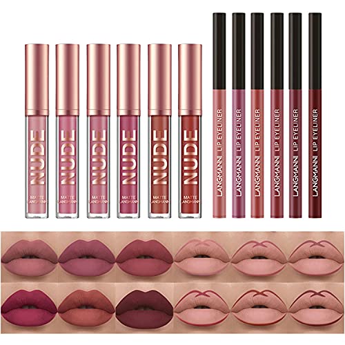 12Pcs Matte Liquid Lipstick + Lip Liner Pens Set, One Step Lips Makeup Kits P...