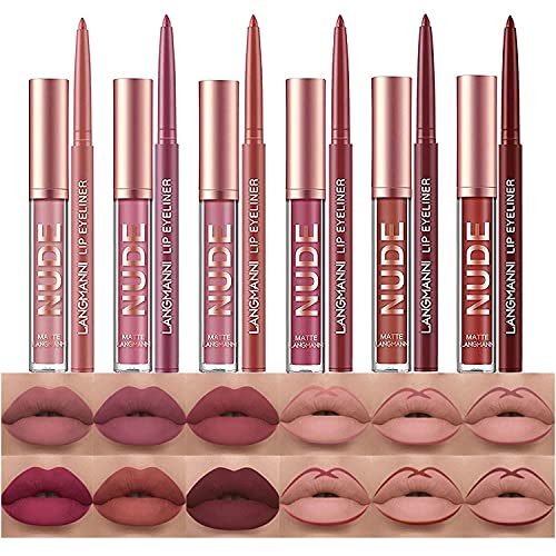 12Pcs Matte Liquid Lipstick + Lip Liner Pens Set, One Step Lips Makeup Kits P...