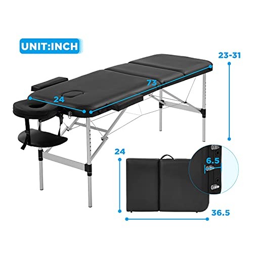 Massage Table Portable Massage Bed 3 Folding 73 Inch Height Adjustable Alumin...