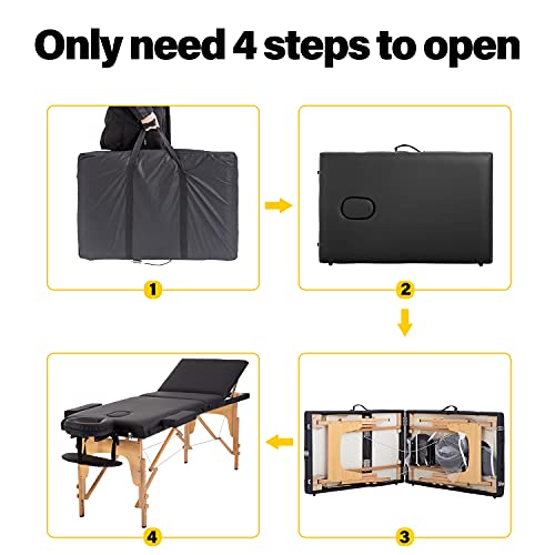Massage Table Portable Massage Table 3 Fold Spa Bed 73-84" L 24-34" H Inch Li...