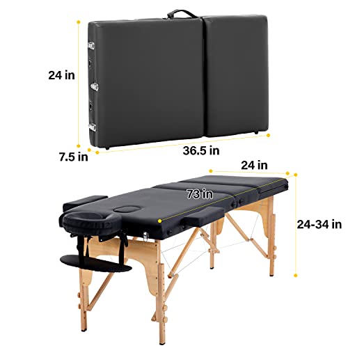 Massage Table Portable Massage Table 3 Fold Spa Bed 73-84" L 24-34" H Inch Li...