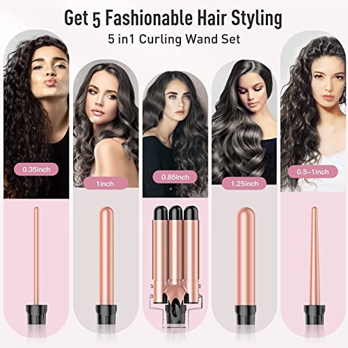 Beach Waver Curling Iron Wand, 5 in 1 Curling Wand Set with 3 Barrel Hair Cri...