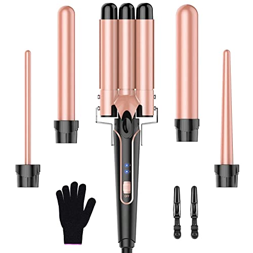 Beach Waver Curling Iron Wand, 5 in 1 Curling Wand Set with 3 Barrel Hair Cri...