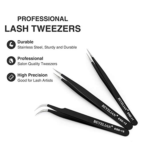 BEYELIAN Eyelash Extension Tweezers Set, Pack of 3 Professional Lash Tweezers...