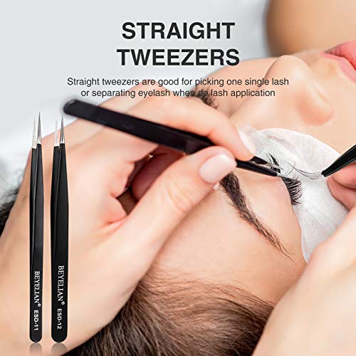 BEYELIAN Eyelash Extension Tweezers Set, Pack of 3 Professional Lash Tweezers...
