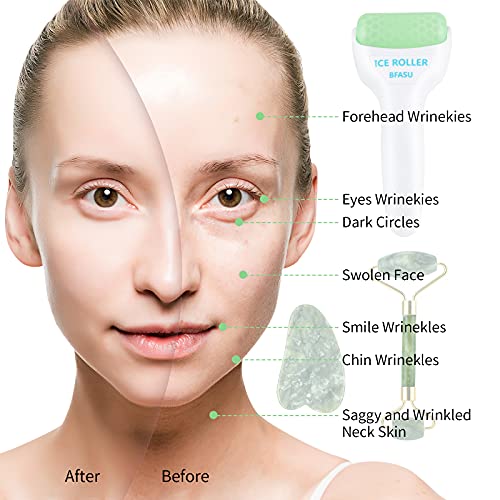 BFASU Facial Roller Set of 3, Ice Roller, Two-sided Jade Roller and Gua Sha M...