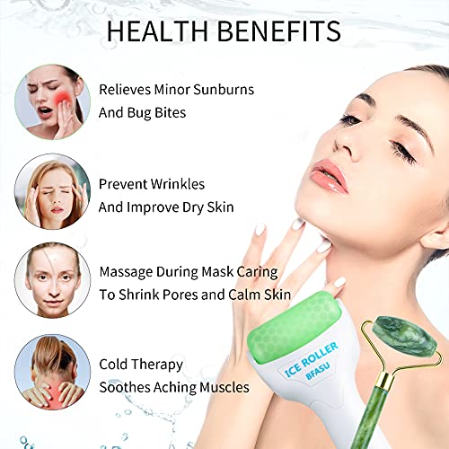 BFASU Facial Roller Set of 3, Ice Roller, Two-sided Jade Roller and Gua Sha M...