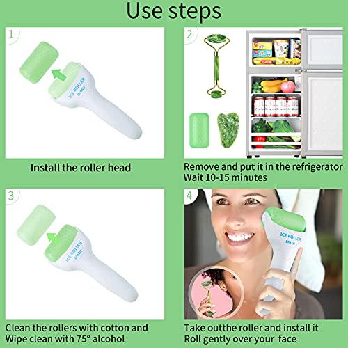 BFASU Facial Roller Set of 3, Ice Roller, Two-sided Jade Roller and Gua Sha M...