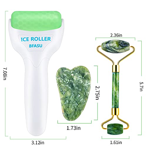 BFASU Facial Roller Set of 3, Ice Roller, Two-sided Jade Roller and Gua Sha M...